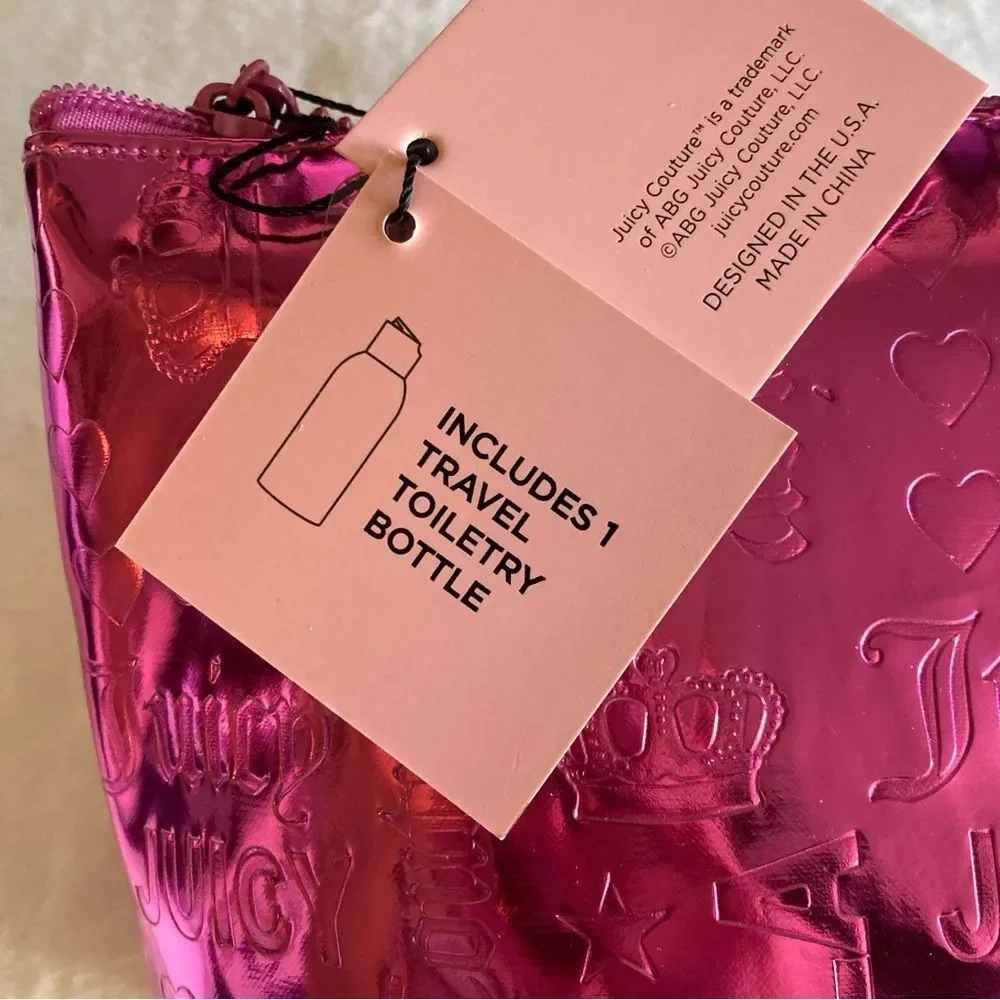 Juicy Couture Large Travel Cosmetic Makeup Bag Shiny Metallic Pink NWT
